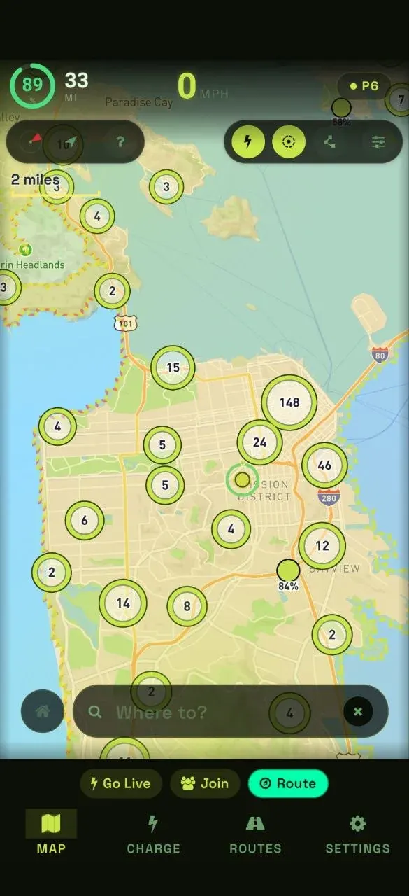 Flow map centred on San Francisco with charger clusters