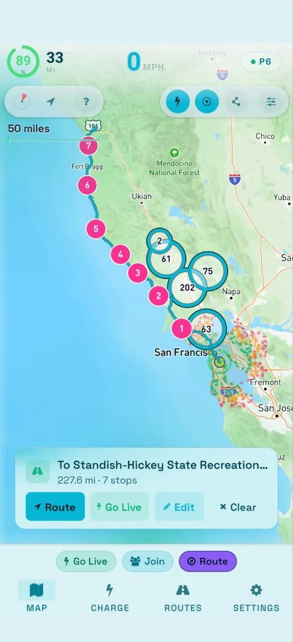 A planned coastal route with numbered charge stops and speed, range and battery read-outs