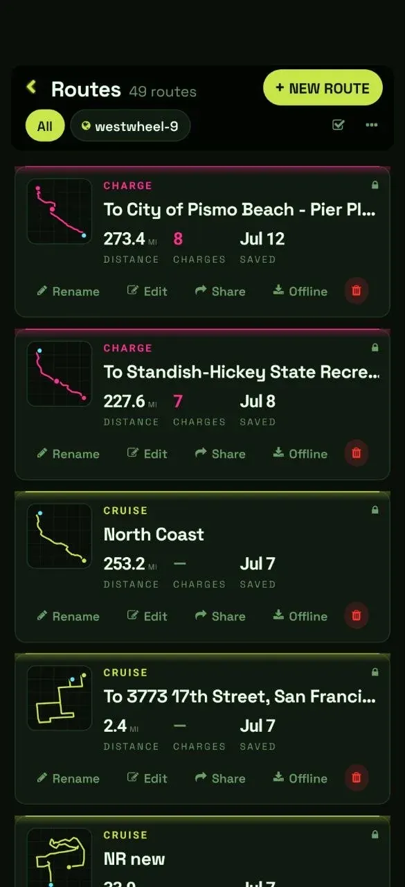 Saved routes library showing cruise and charge routes with offline download