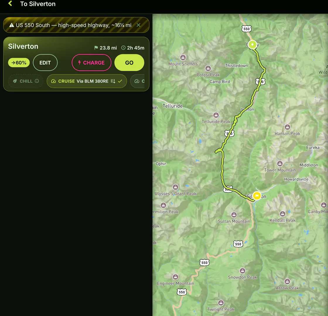 Flow on the near-square inner screen of a Pixel 10 Pro Fold — a side telemetry dock beside the map, a route from Ouray to Silverton along US-550 with a high-speed-highway caution and a 60 percent arrival verdict