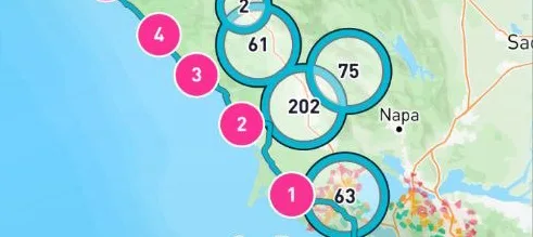 A coastal route south along CA-1 with numbered charge stops chained down the coast