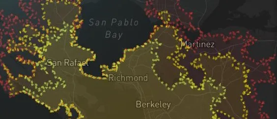 The range overlay shading the North Bay in green, yellow and red